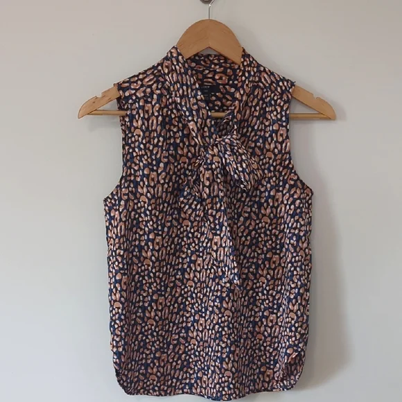 J. Crew Leopard Print Tie Neck Sleeveless Blouse - Picture 2 of 5